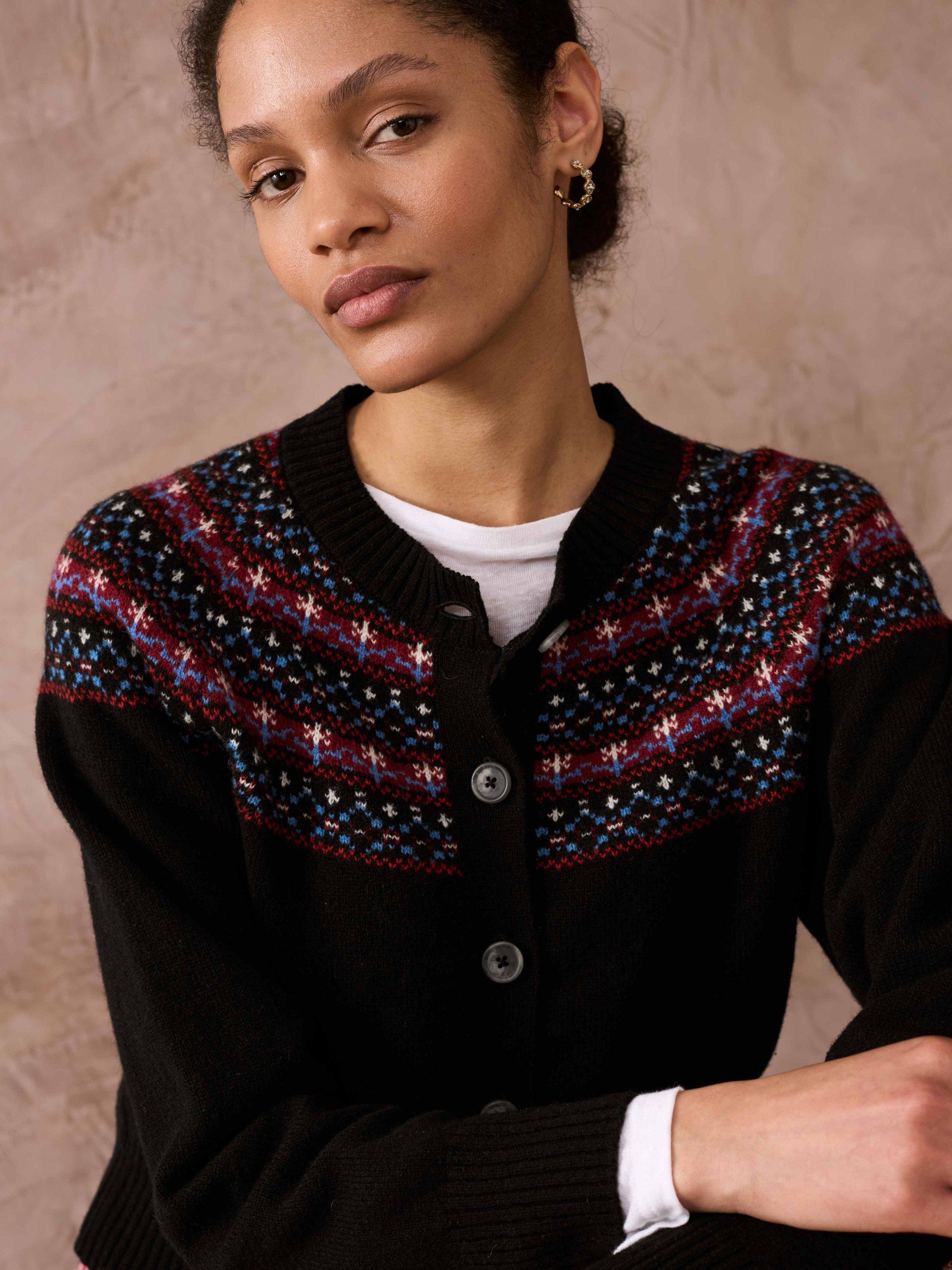 Brora Fair Isle Yoke Merino Wool Cardigan Black Multi