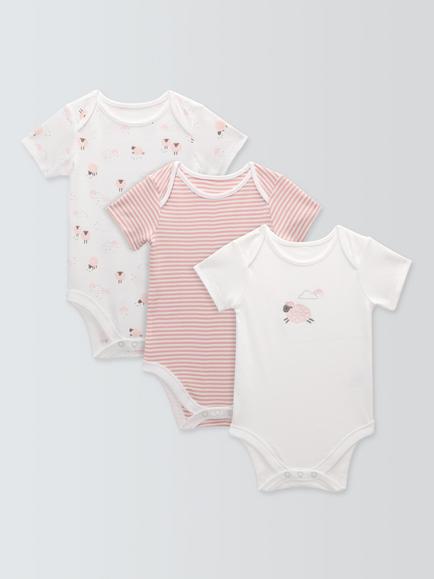 John Lewis Baby Sheep Bodysuits, Pack of 3, Pink, Pink