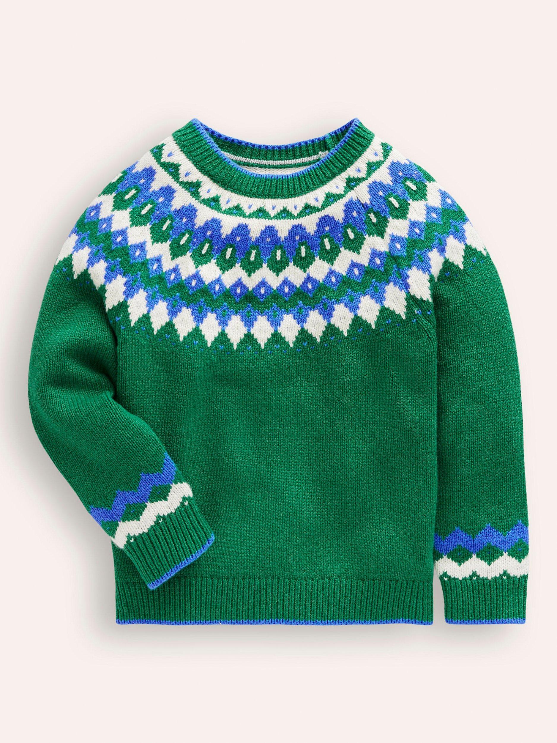 Mini Boden Kids' Fair Isle Jumper, Ivy Green/Multi