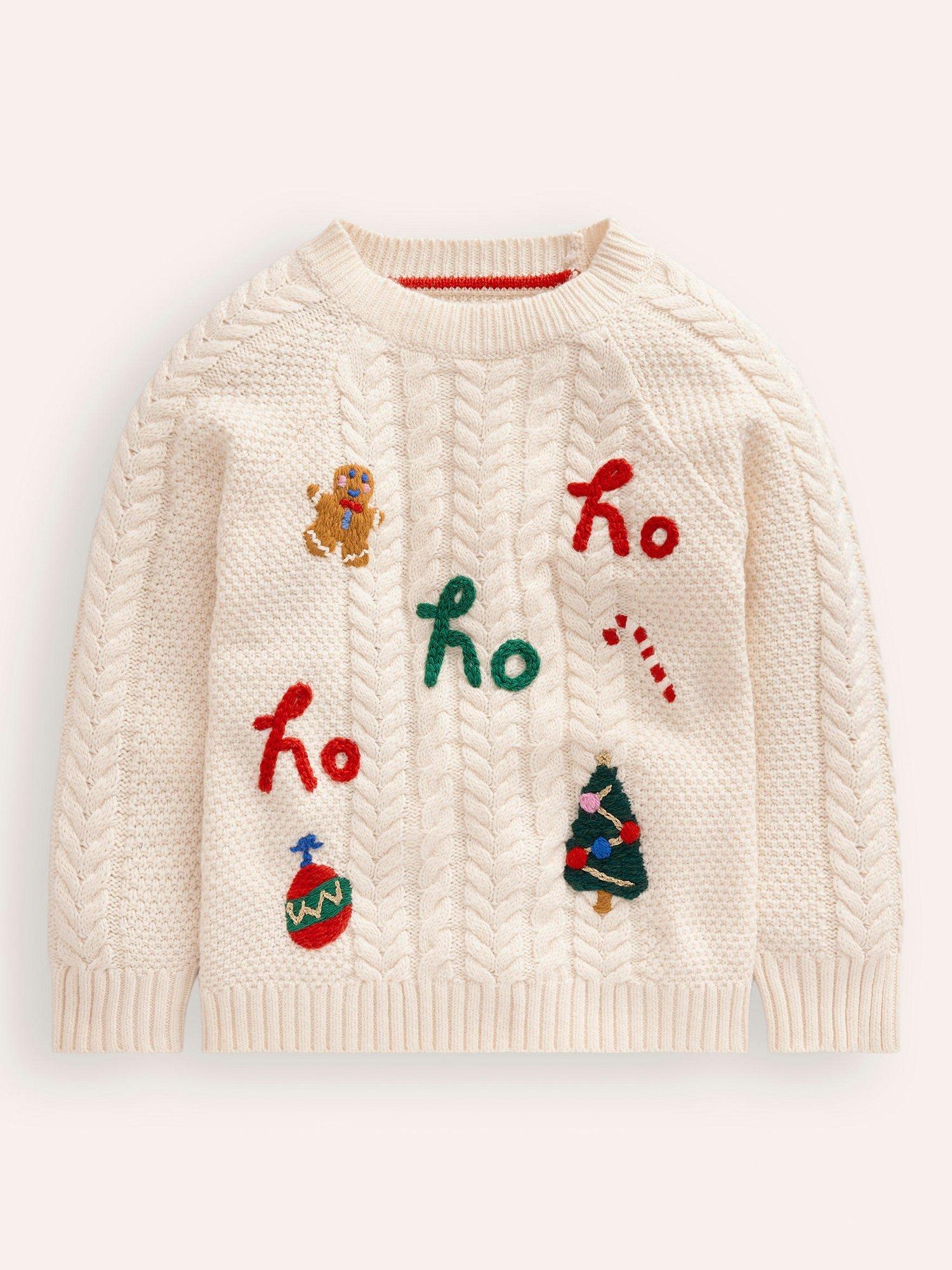 Mini Boden Kids' Festive Cable Knit Jumper, Ecru/Multi