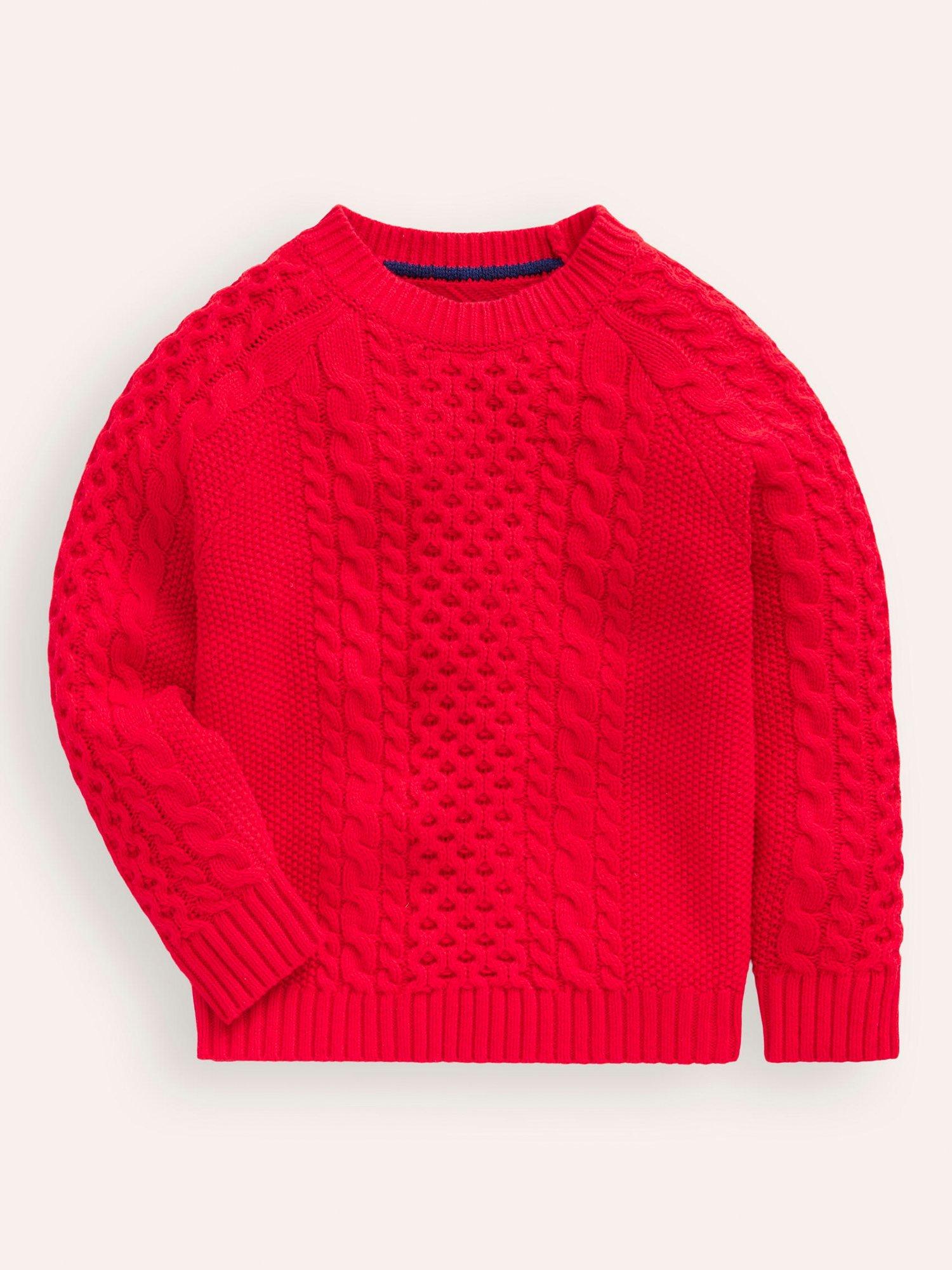 Product image 1 of 3, which shows Mini Boden Kids' Heritage Cable Knit Jumper, Poppy Red, 2-3 years