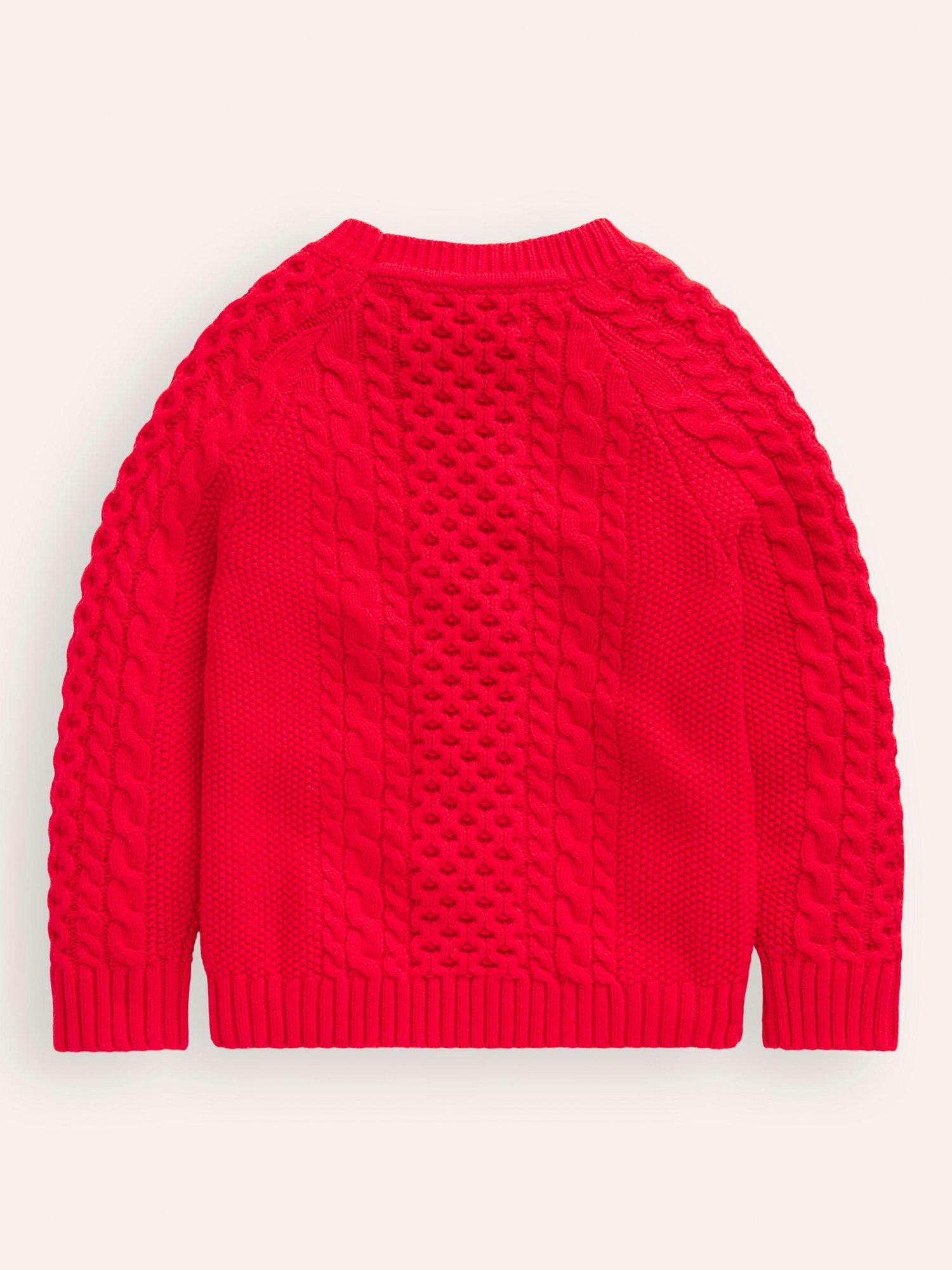 Product image 2 of 3, which shows Mini Boden Kids' Heritage Cable Knit Jumper, Poppy Red, 2-3 years