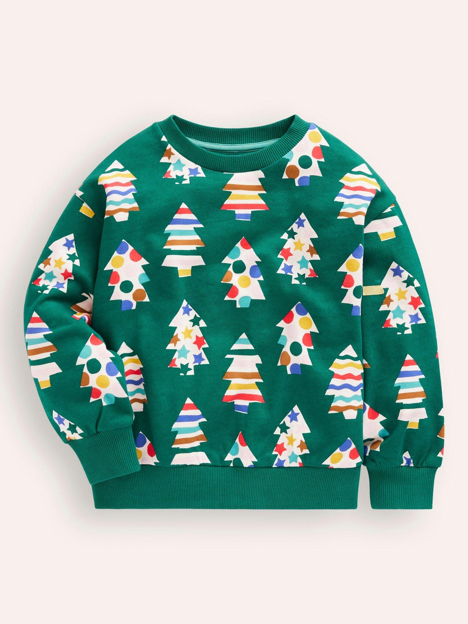 Mini Boden Kids' Printed Christmas Sweatshirt, Green/Multi