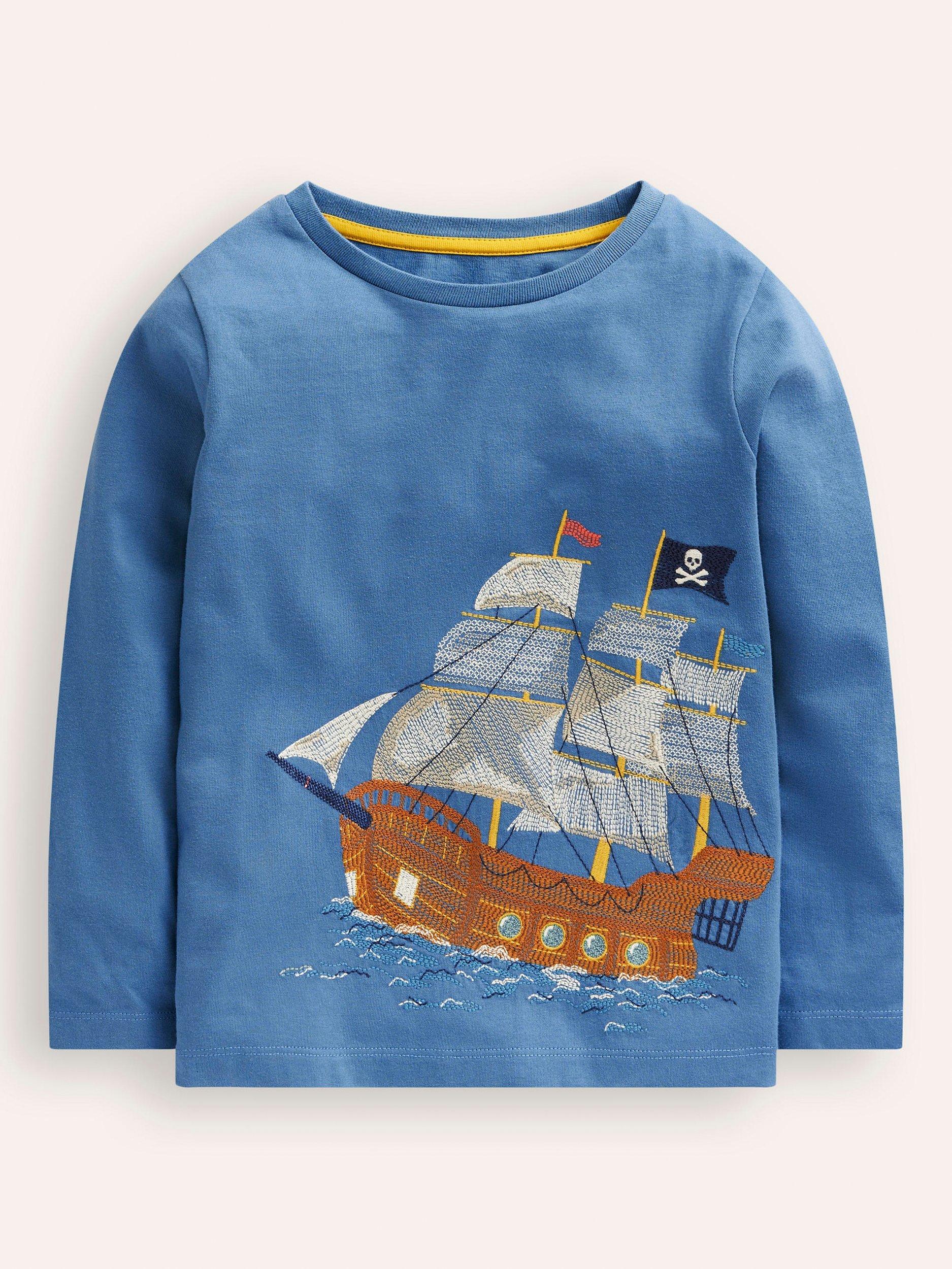 Mini Boden Kids' Cotton Superstitch Pirate Ship T-Shirt, Blue