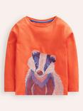 Mini Boden Kids' Cotton Superstitch Badger T-Shirt, Orange