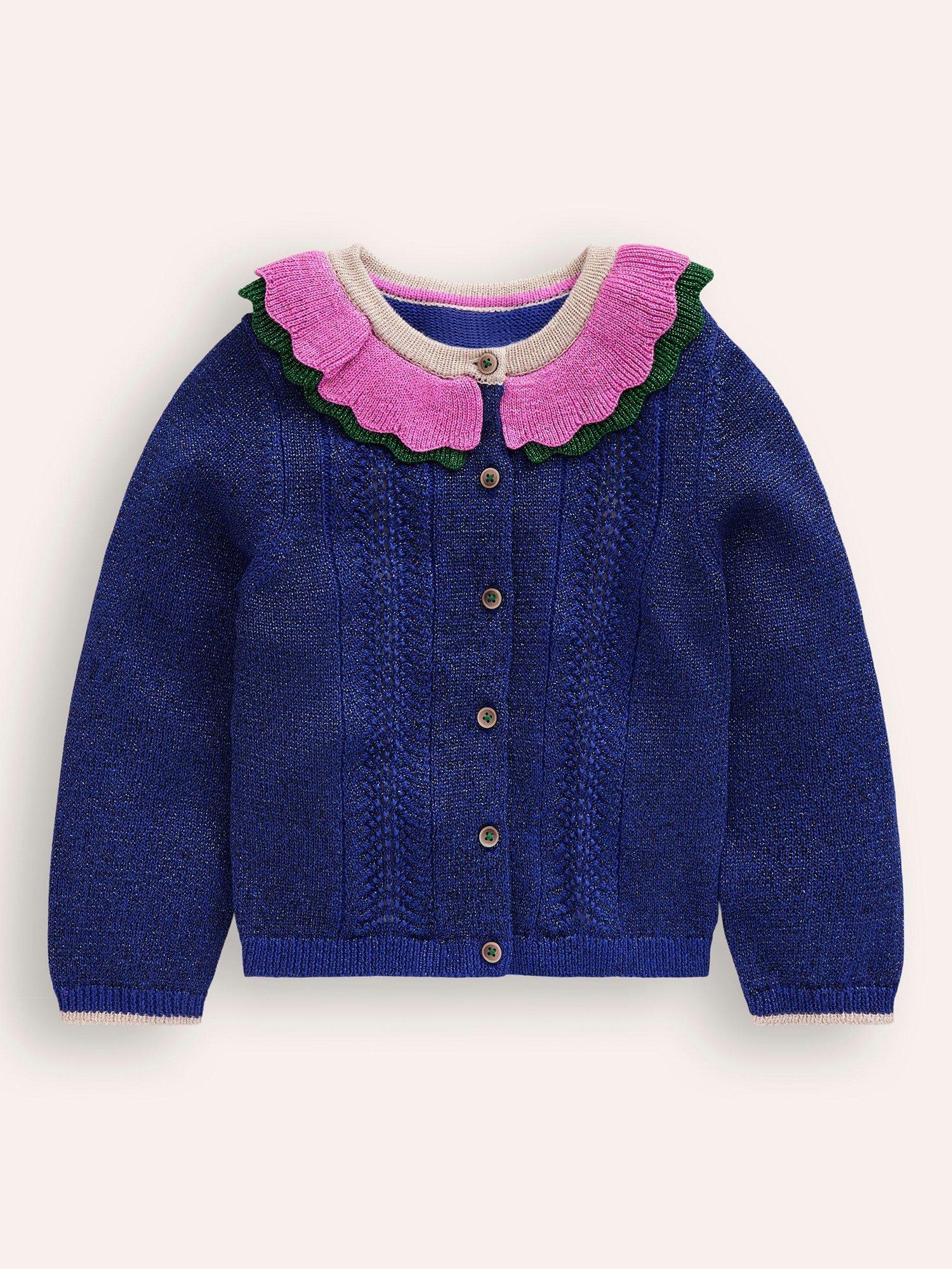Mini Boden Kids' Frill Collar Sparkle Cardigan, Navy/Multi