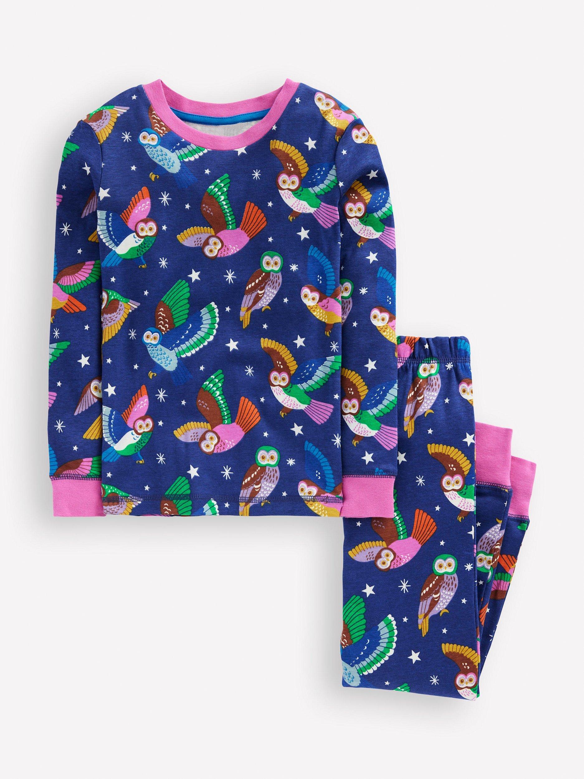 Mini Boden Kids' Snug Glow In The Dark Owl Pyjamas, Blue/Multi