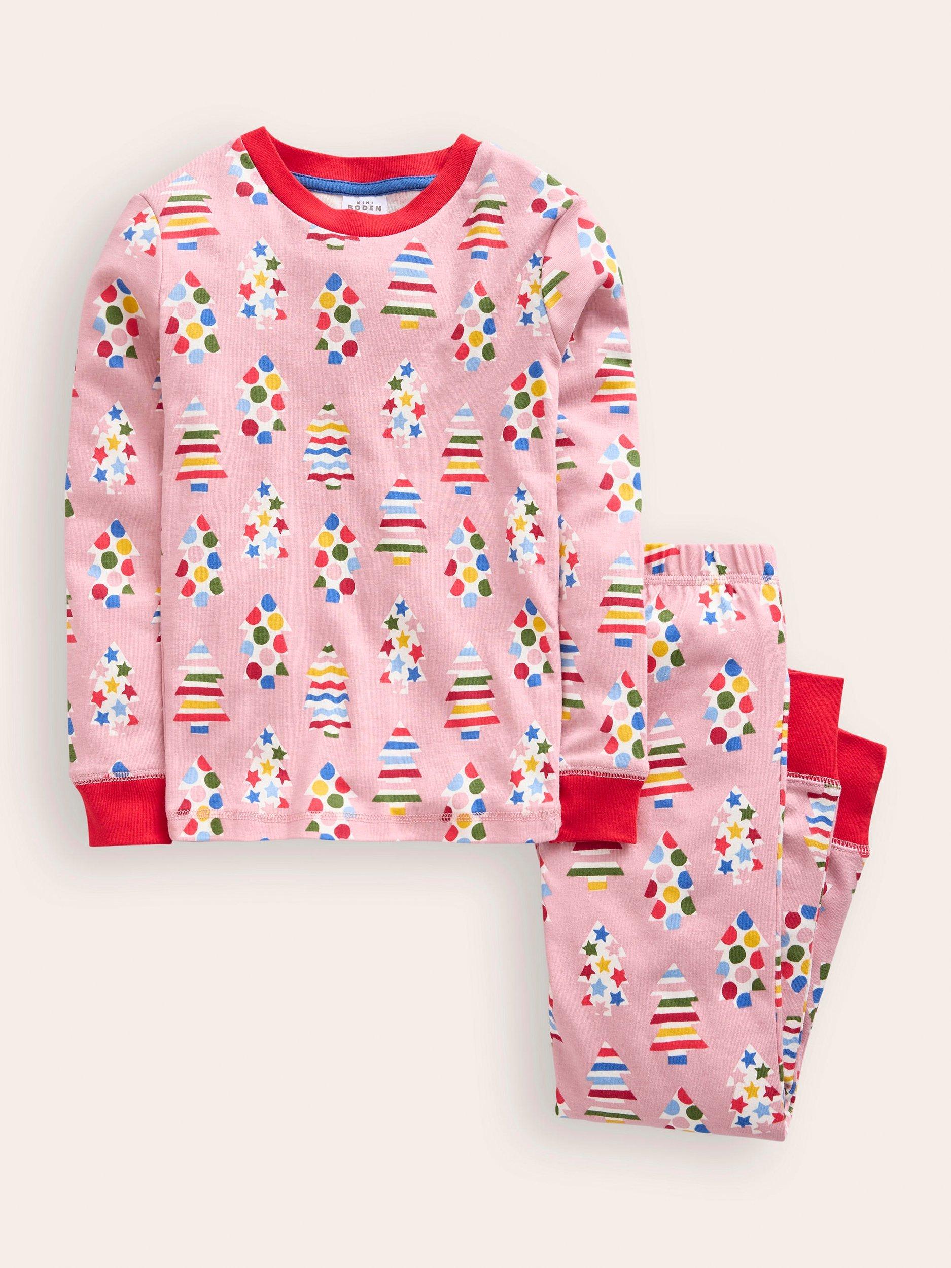 Mini Boden Kids Snug Glow In The Dark Christmas Tree Pyjamas Pink Multi