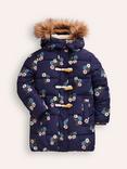 Mini Boden Kids' Longline Floral  Padded Coat, Navy/Multi