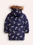 Mini Boden Kids' Longline Floral  Padded Coat, Navy/Multi