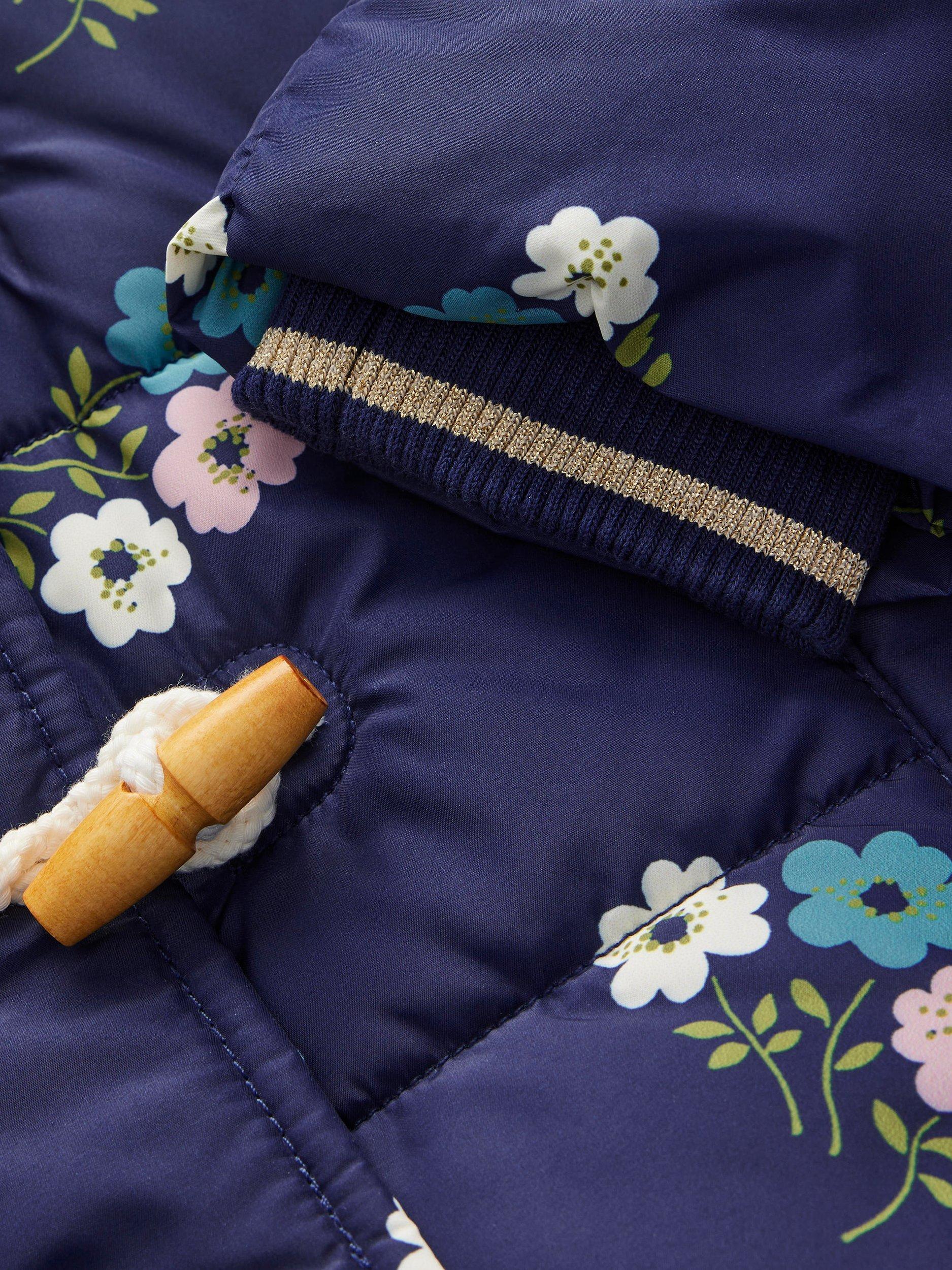 Product image 3 of 8, which shows Mini Boden Kids' Longline Floral  Padded Coat, Navy/Multi, 2-3 years