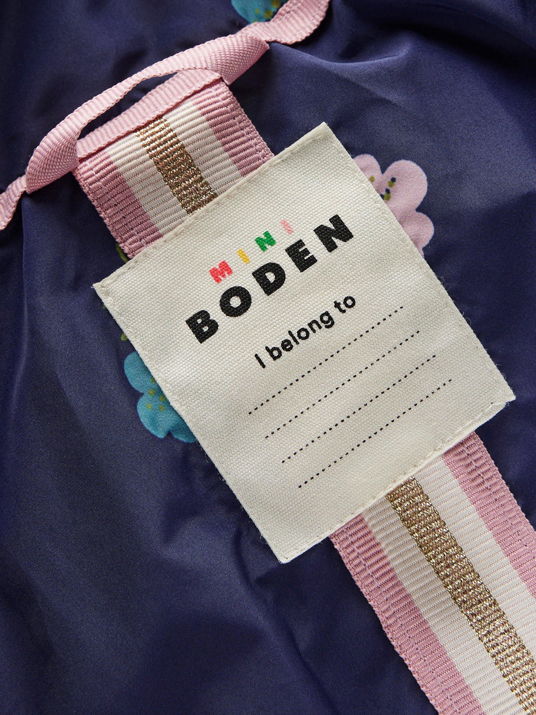 Product image 4 of 8, which shows Mini Boden Kids' Longline Floral  Padded Coat, Navy/Multi, 2-3 years