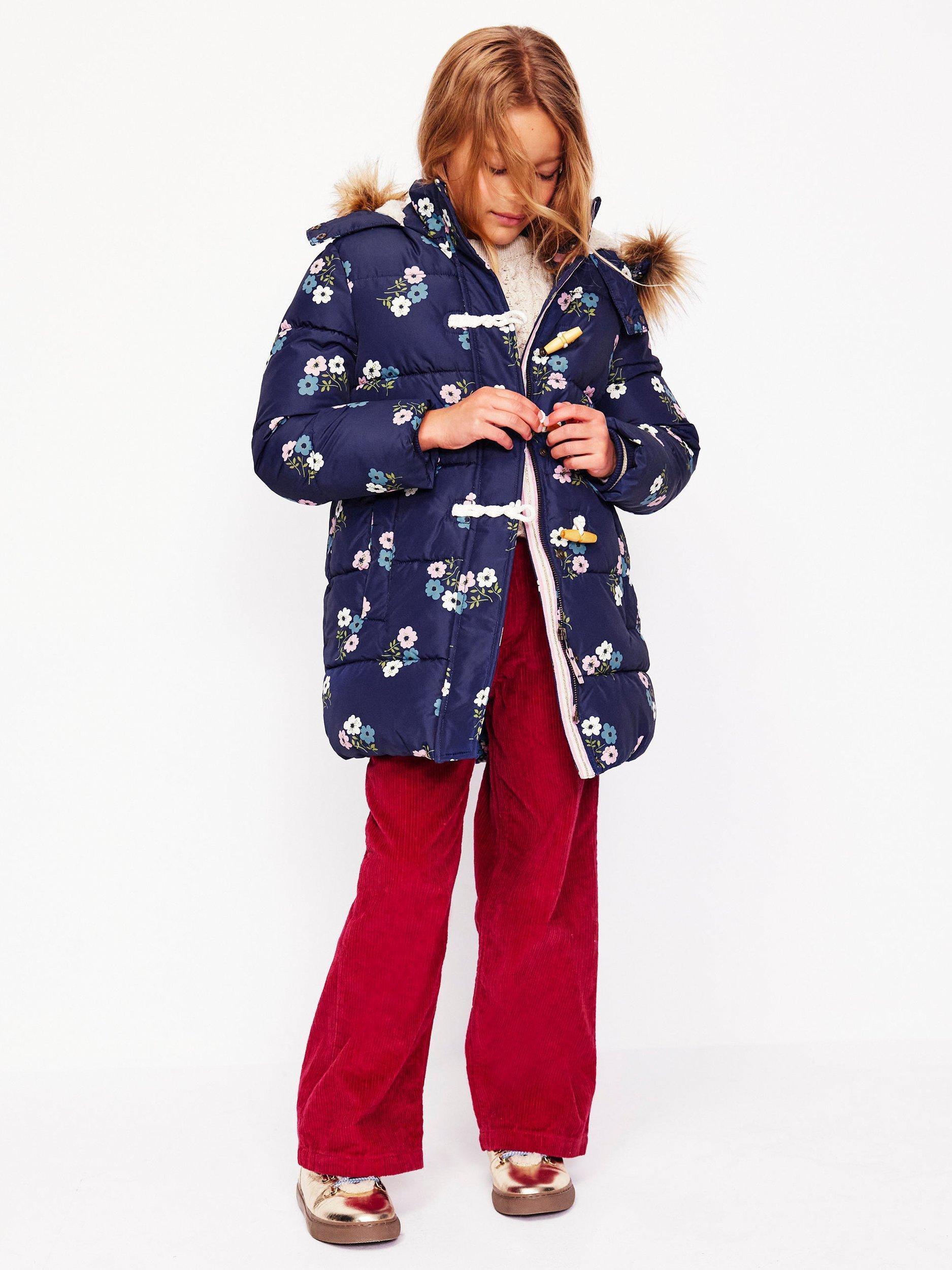 Product image 6 of 8, which shows Mini Boden Kids' Longline Floral  Padded Coat, Navy/Multi, 2-3 years