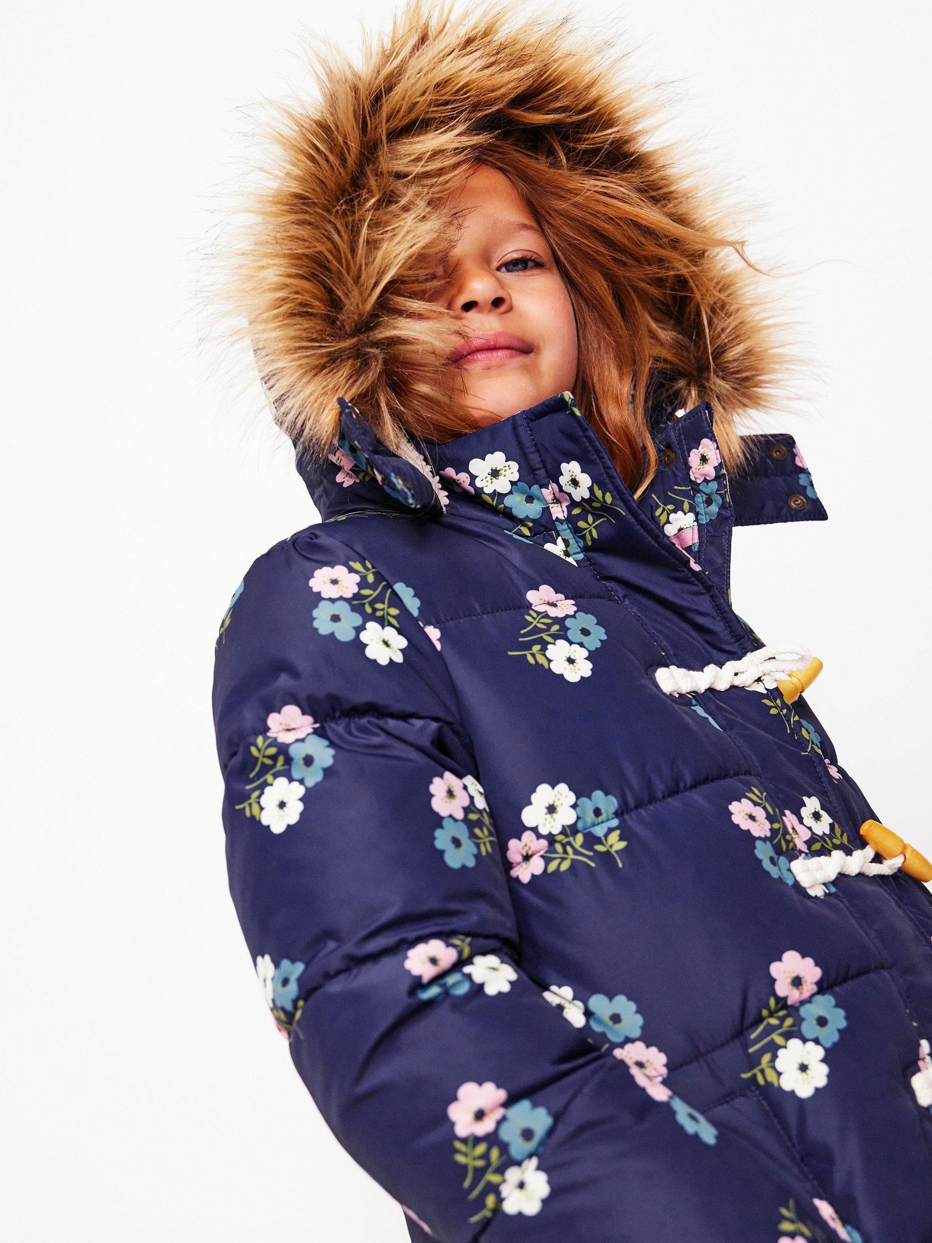 Product image 7 of 8, which shows Mini Boden Kids' Longline Floral  Padded Coat, Navy/Multi, 2-3 years