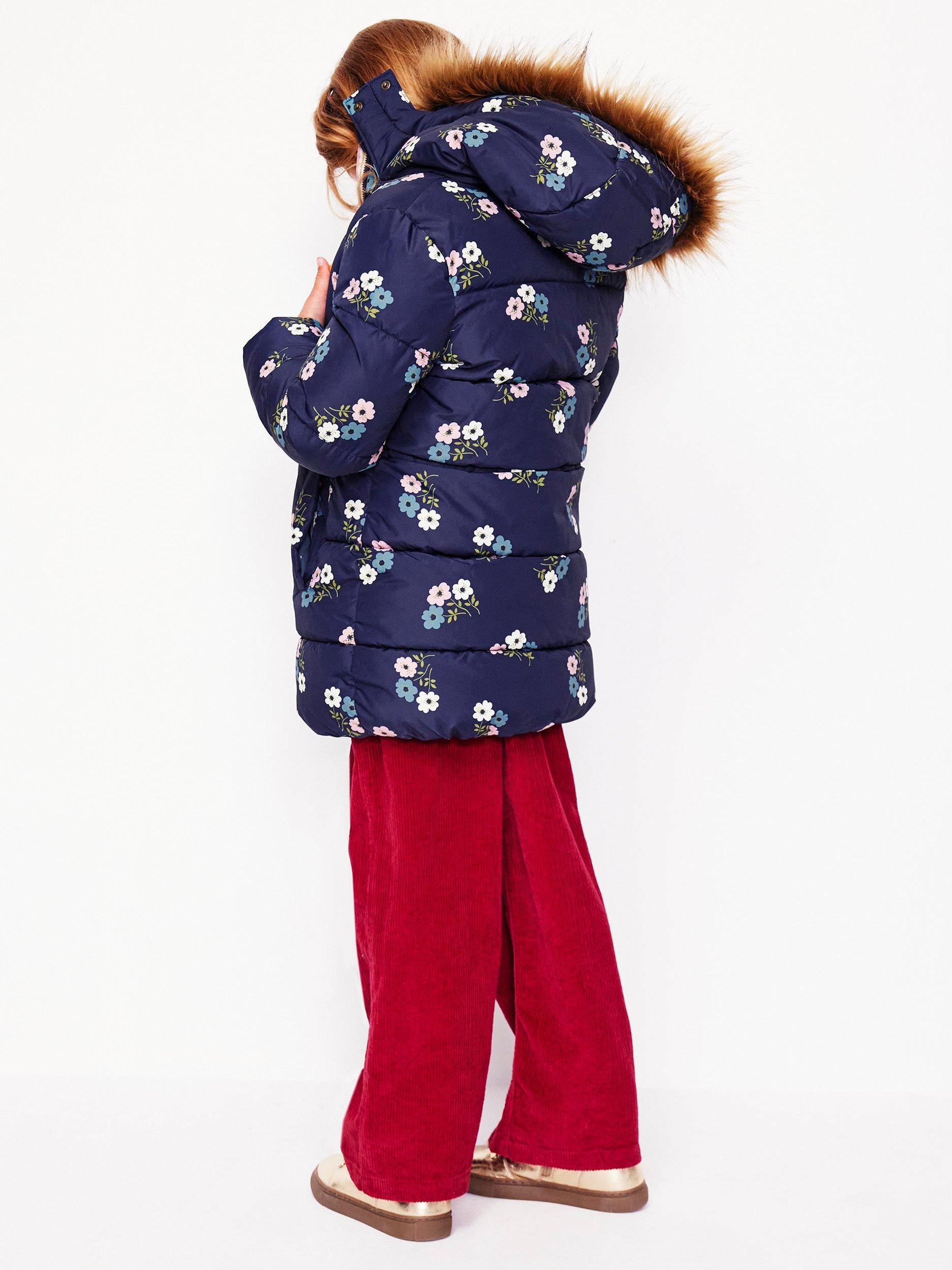 Product image 8 of 8, which shows Mini Boden Kids' Longline Floral  Padded Coat, Navy/Multi, 2-3 years
