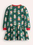 Mini Boden Kids' Cosy Christmas Tree Print Sweatshirt Dress, Green/Multi