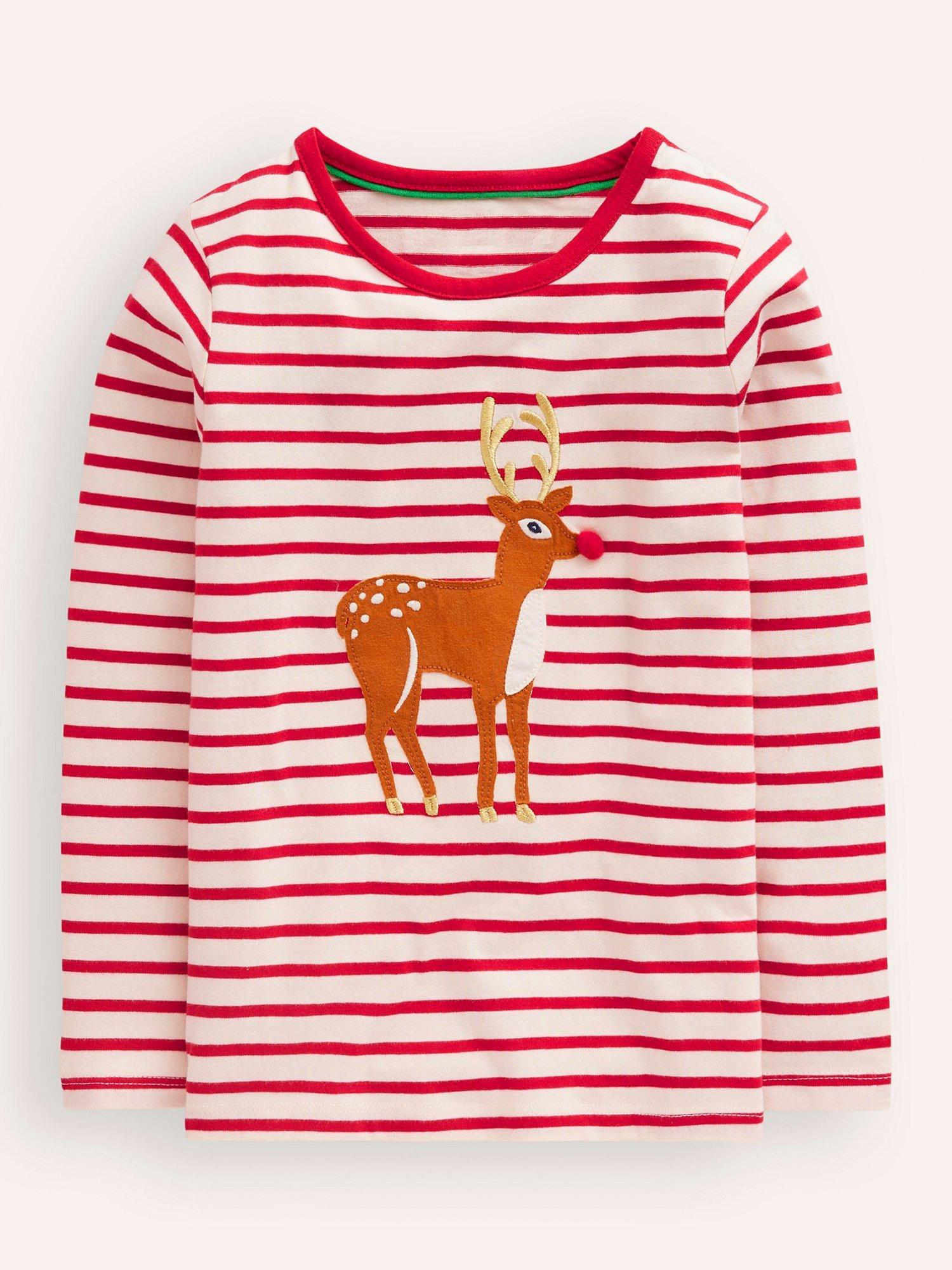 Mini Boden Kids' Cotton Applique Deer T-Shirt, Red/Ivory