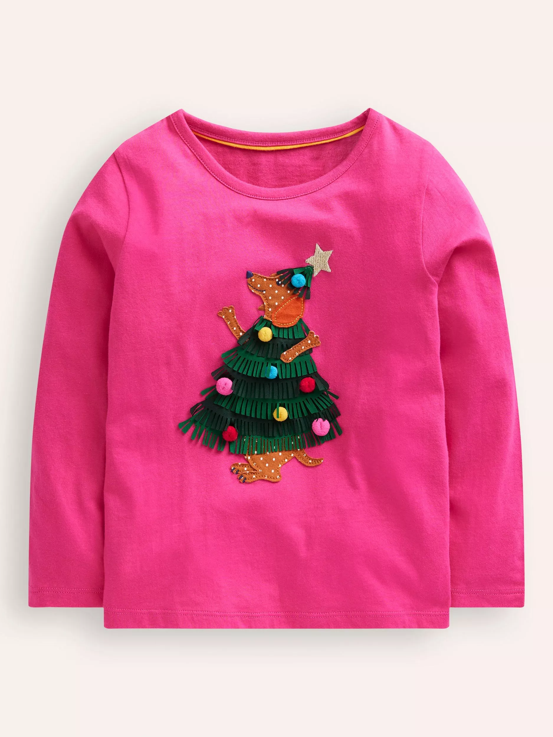 Mini Boden Kids' Cotton Applique Christmas Dog T-Shirt, Pink