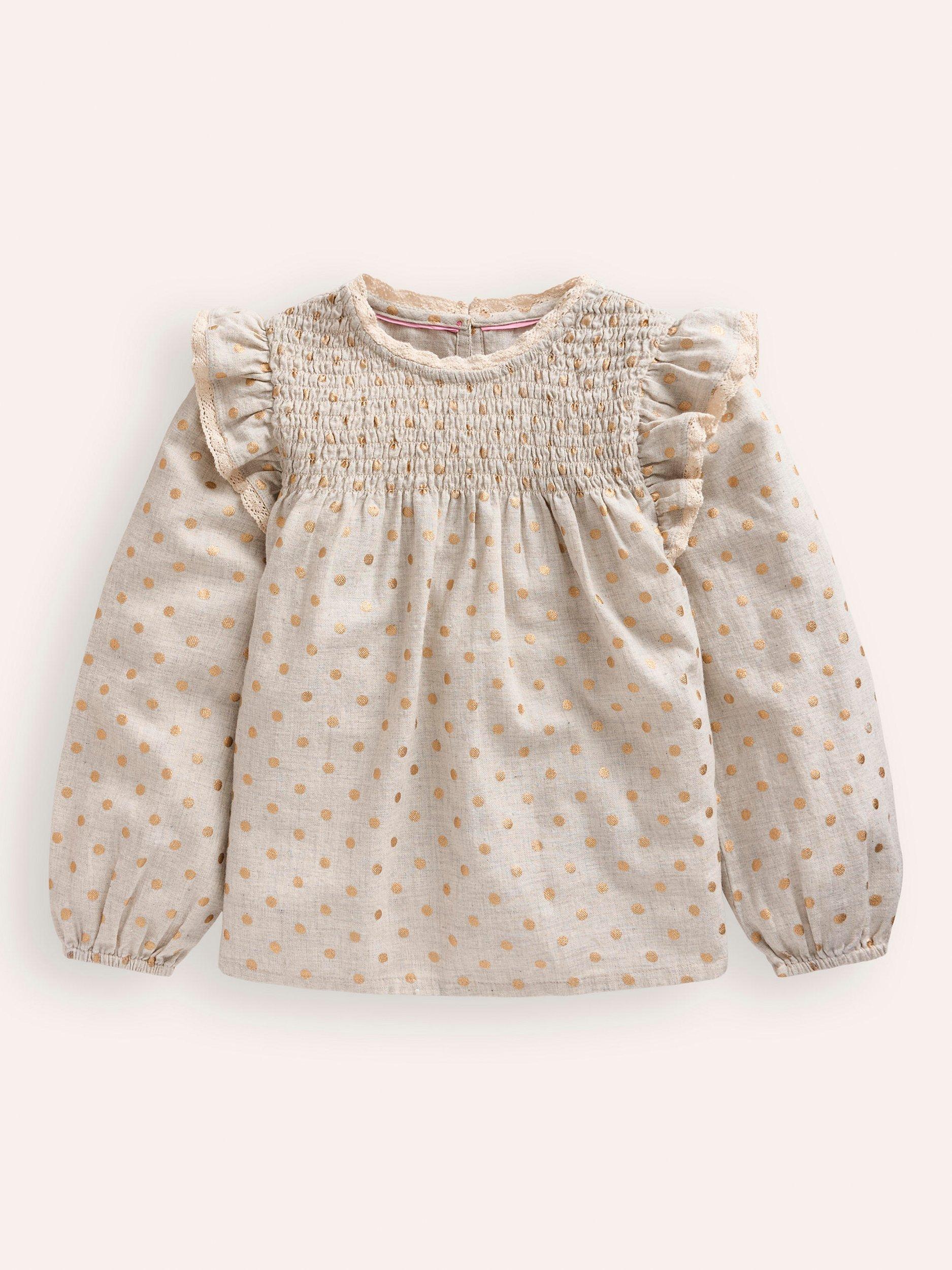Mini Boden Kids' Spot Smocked Ruffle Blouse, Multi