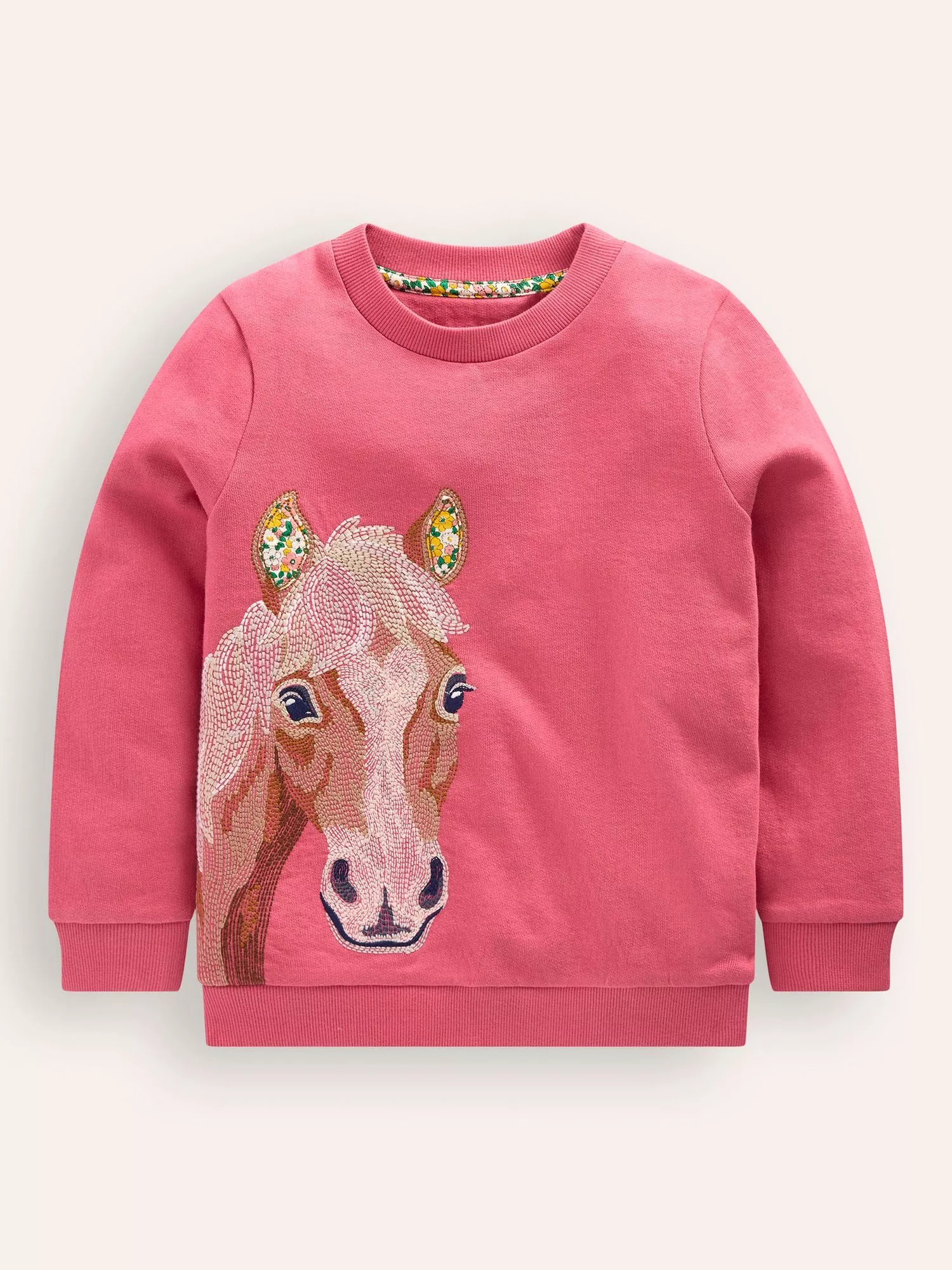 Mini Boden Kids Cotton Fun Superstitch Horse Sweatshirt Rose Pink Multi