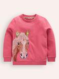 Mini Boden Kids' Cotton Fun Superstitch Horse Sweatshirt, Rose Pink/Multi