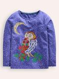 Mini Boden Kids' Cotton Superstitch Owl T-Shirt, Royal Purple