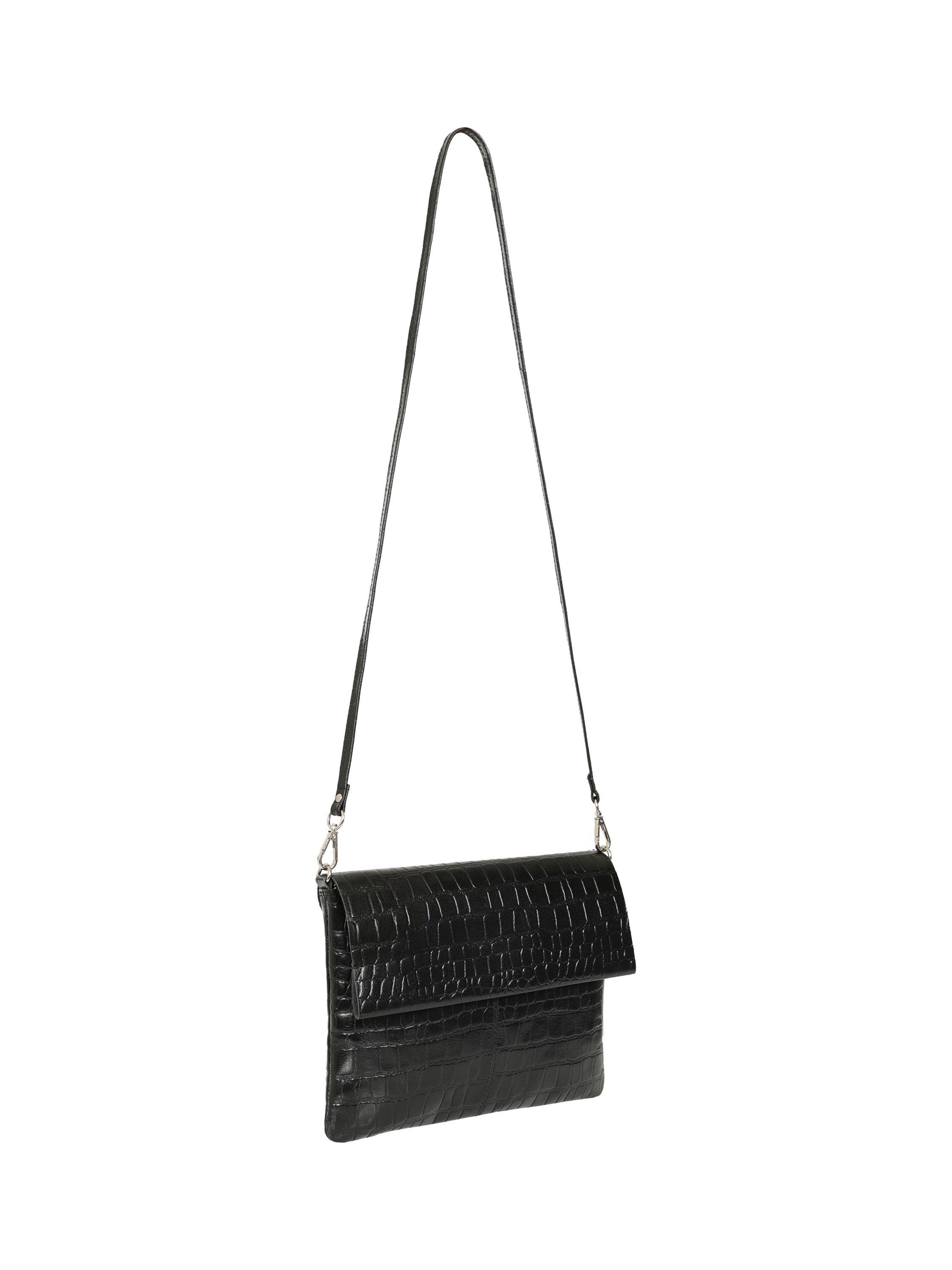 Product image 2 of 5, which shows HotSquash Croc Effect Fold Over Leather Clutch Bag, Black