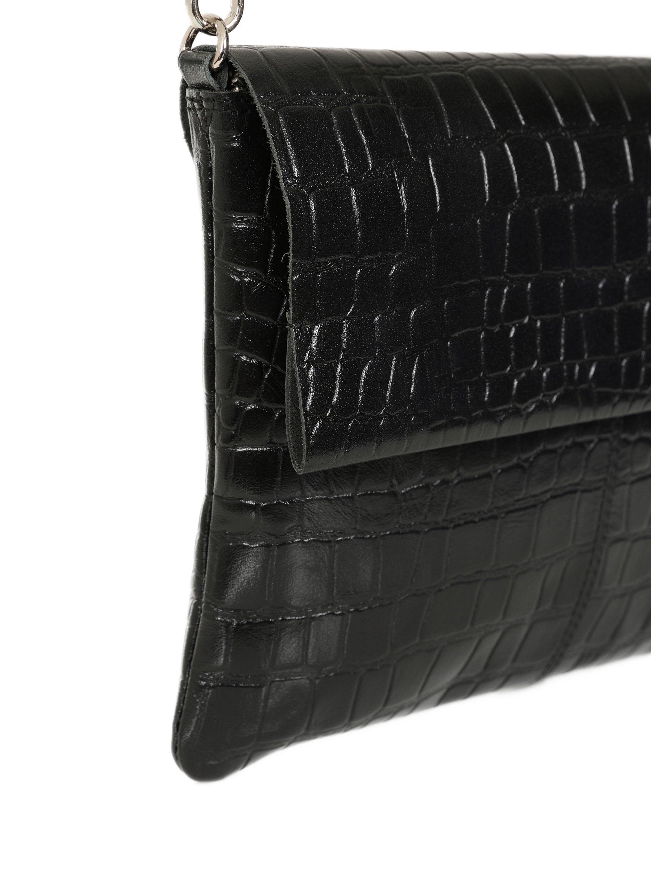 Product image 3 of 5, which shows HotSquash Croc Effect Fold Over Leather Clutch Bag, Black
