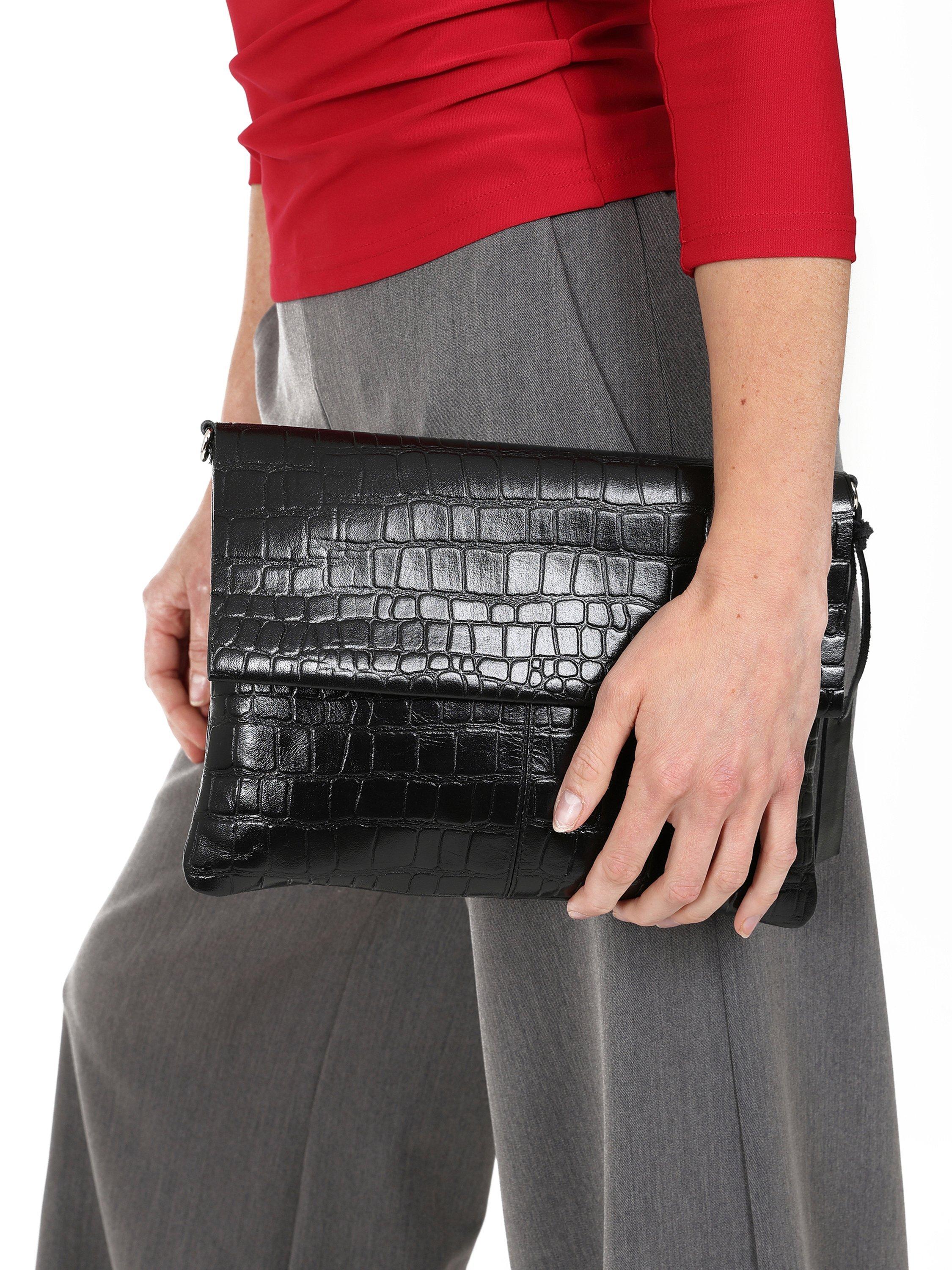 Product image 4 of 5, which shows HotSquash Croc Effect Fold Over Leather Clutch Bag, Black