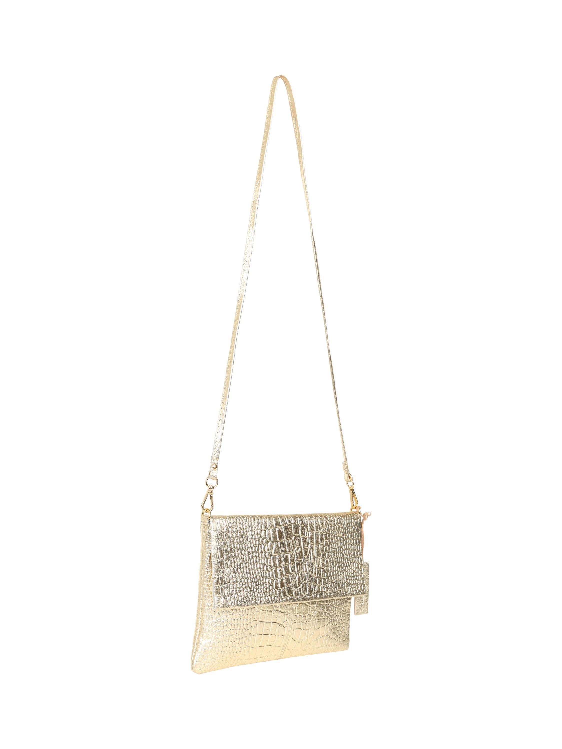 Product image 2 of 5, which shows HotSquash Croc Effect Fold Over Leather Clutch Bag, Gold