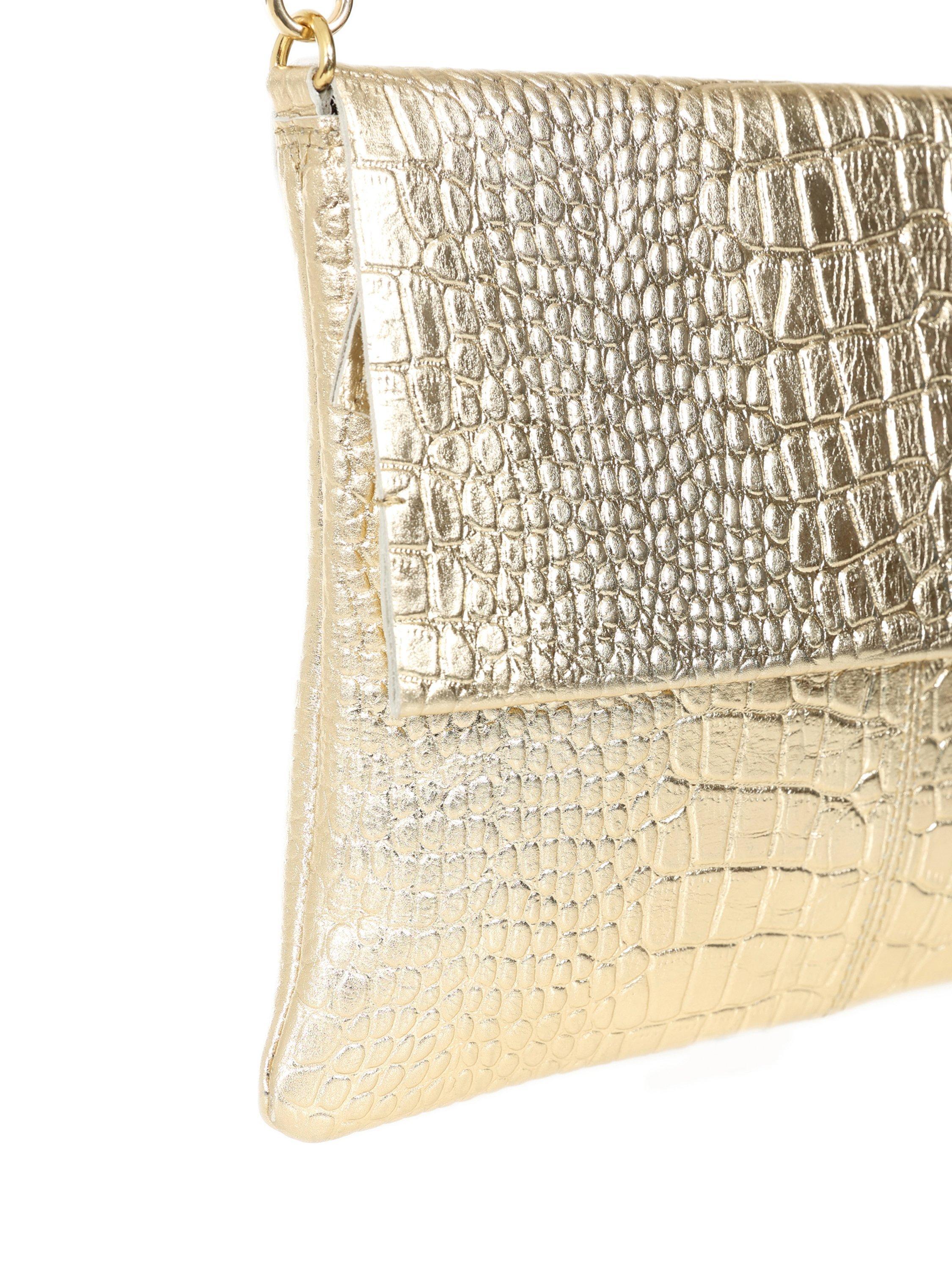 Product image 3 of 5, which shows HotSquash Croc Effect Fold Over Leather Clutch Bag, Gold