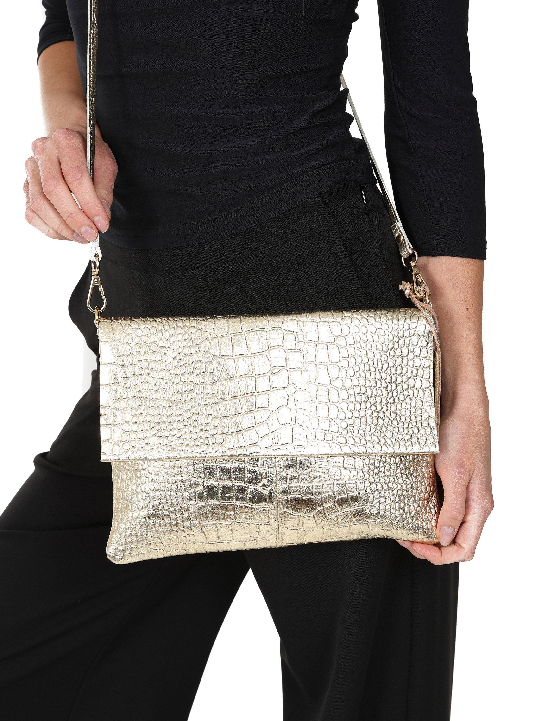Product image 4 of 5, which shows HotSquash Croc Effect Fold Over Leather Clutch Bag, Gold