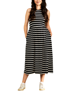 Bshirt Stripe Gathered High Neck Racer Back Dress, Black/White, Black/White