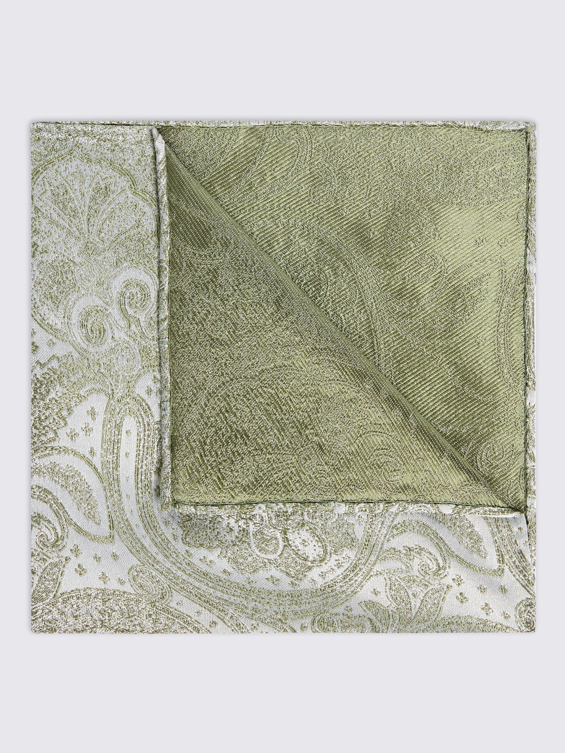 Product image 1 of 2, which shows Moss Silk Paisley Pocket Square, Green