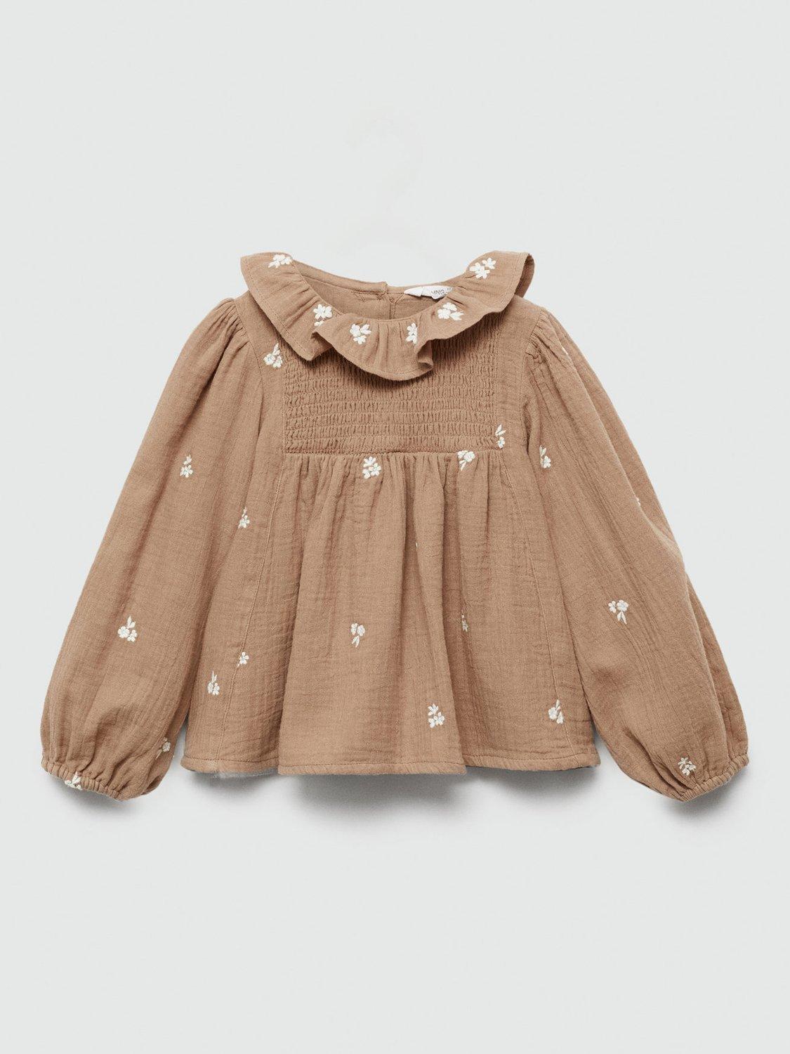 Mango Kids' Bordi Floral Embroidered Cotton Blouse, Brown/White