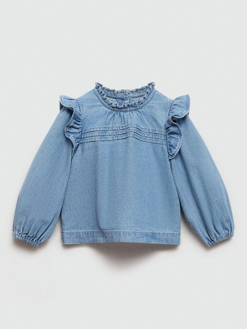 Mango Kids' Loise Cotton Denim Blouse, Open Blue