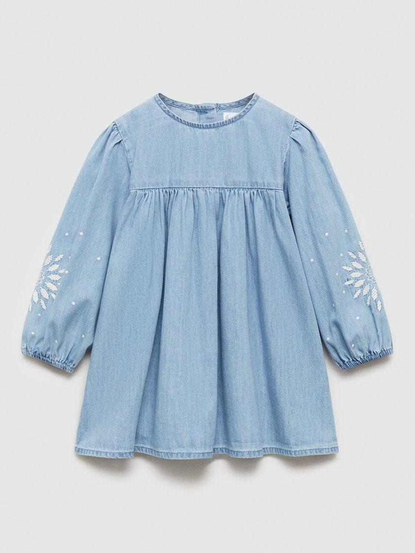 Mango Kids' Dena Floral Embroidered Cotton Denim Dress, Blue