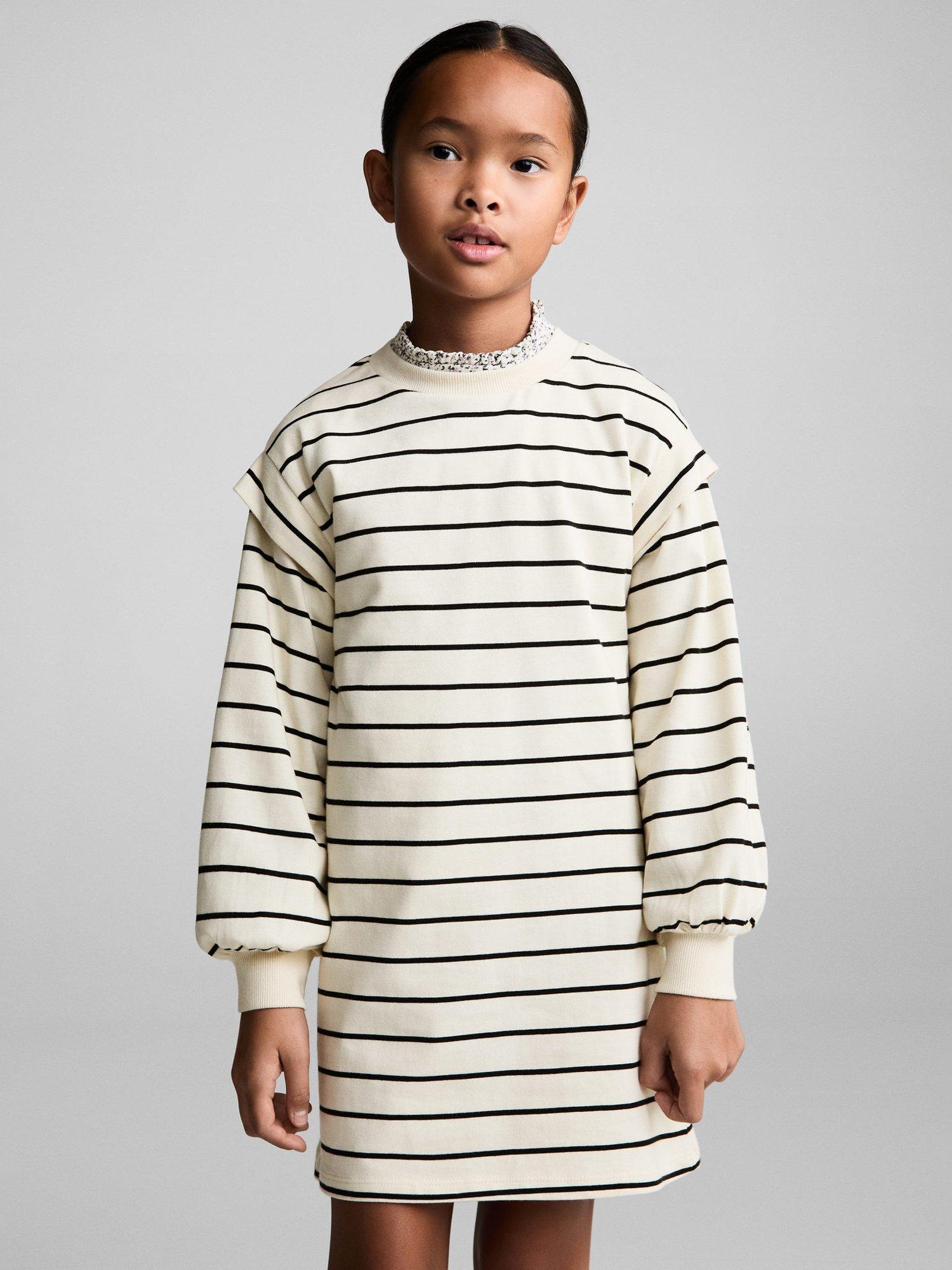 Mango Kids' Moni Cotton Striped Dress, Ivory/Black