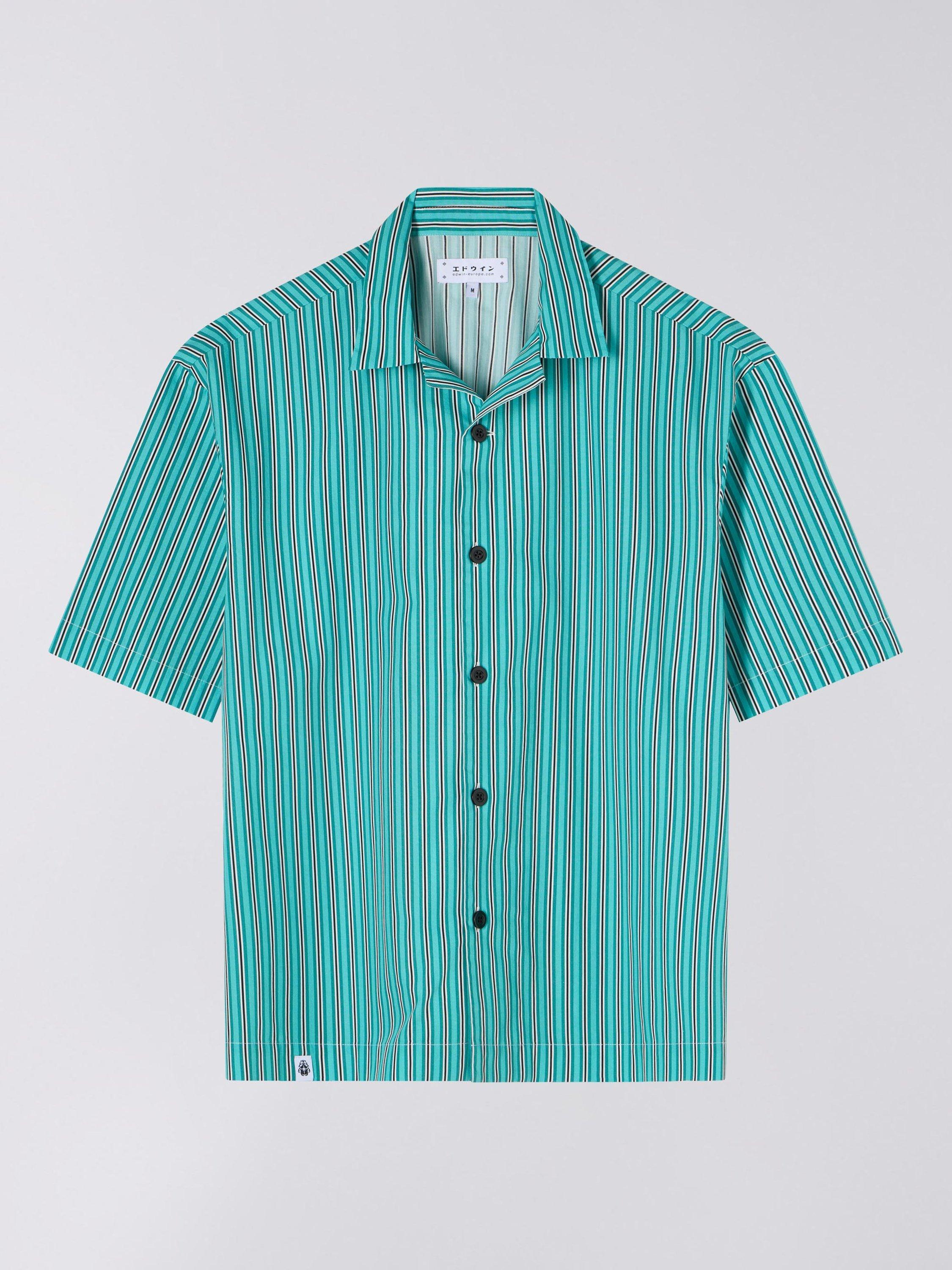 Product image 1 of 3, which shows Edwin Saga Cotton Stripe Short Sleeve Shirt, Green / White, XL