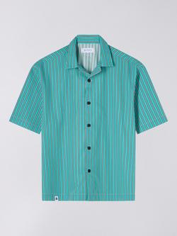 Edwin Saga Cotton Stripe Short Sleeve Shirt, Green / White, Green / White