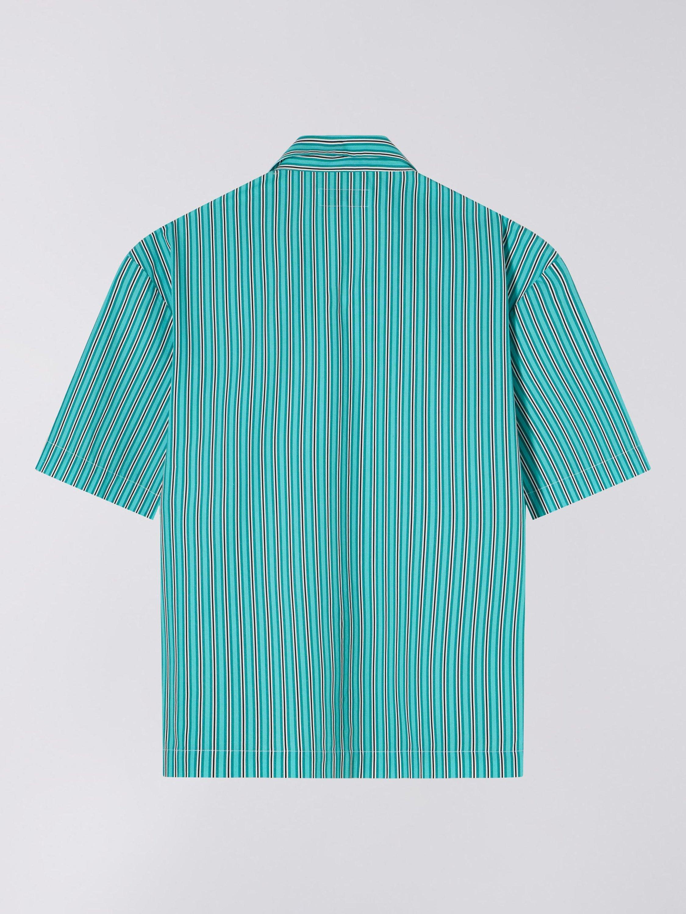Product image 2 of 3, which shows Edwin Saga Cotton Stripe Short Sleeve Shirt, Green / White, XL