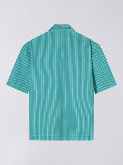 Edwin Saga Cotton Stripe Short Sleeve Shirt, Green / White - view 2, Green / White