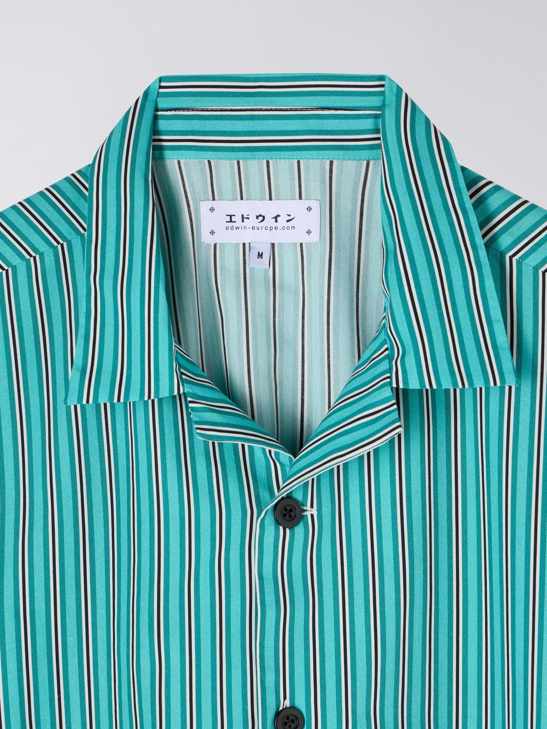 Product image 3 of 3, which shows Edwin Saga Cotton Stripe Short Sleeve Shirt, Green / White, XL