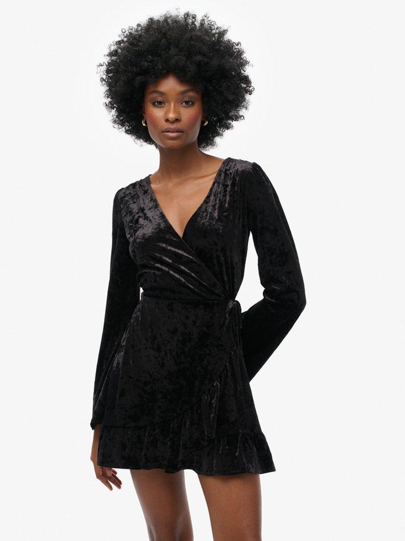 Product image 1 of 5, which shows Superdry Velvet Wrap Mini Dress, Black, 8