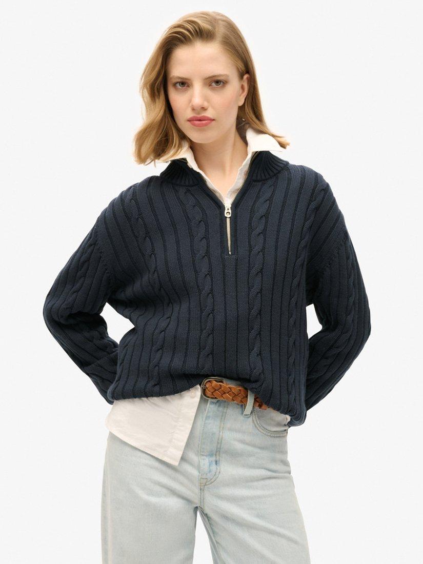 Product image 1 of 5, which shows Superdry Knitted Rugby Henley Jumper, Cable Navy, 8