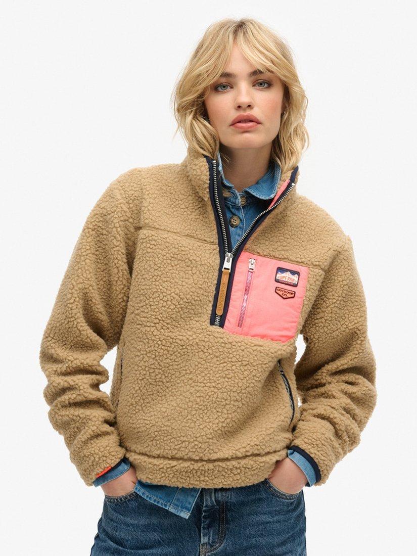 Product image 1 of 5, which shows Superdry Vintage Retro Half Zip Fleece Jumper, Classic Tan Brown, 8