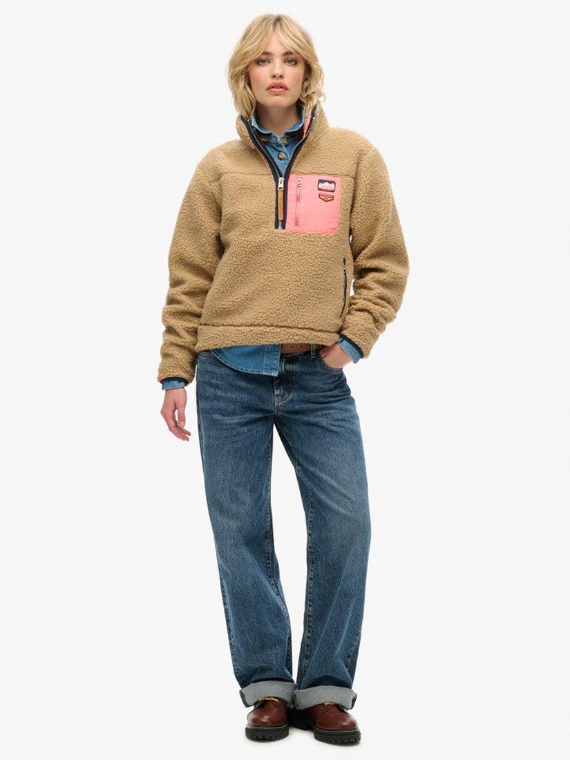 Product image 3 of 5, which shows Superdry Vintage Retro Half Zip Fleece Jumper, Classic Tan Brown, 8