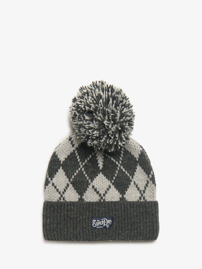 Superdry Patterned Knitted Beanie Hat, Grey Argyle