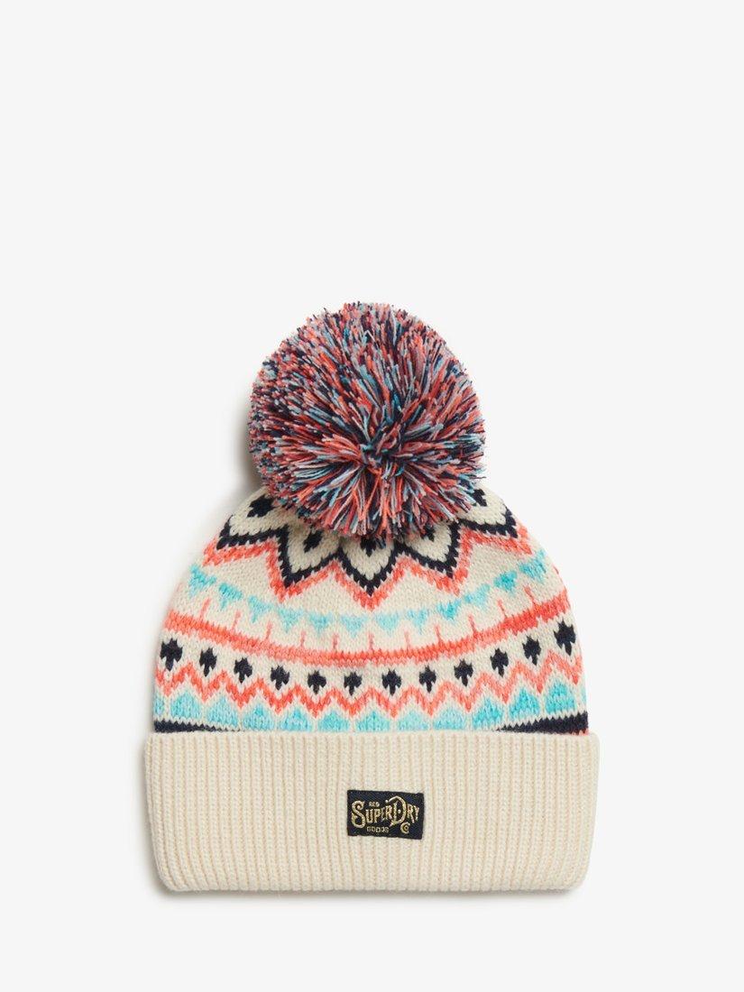 Superdry Patterned Knitted Beanie Hat, Island Ecru Multi