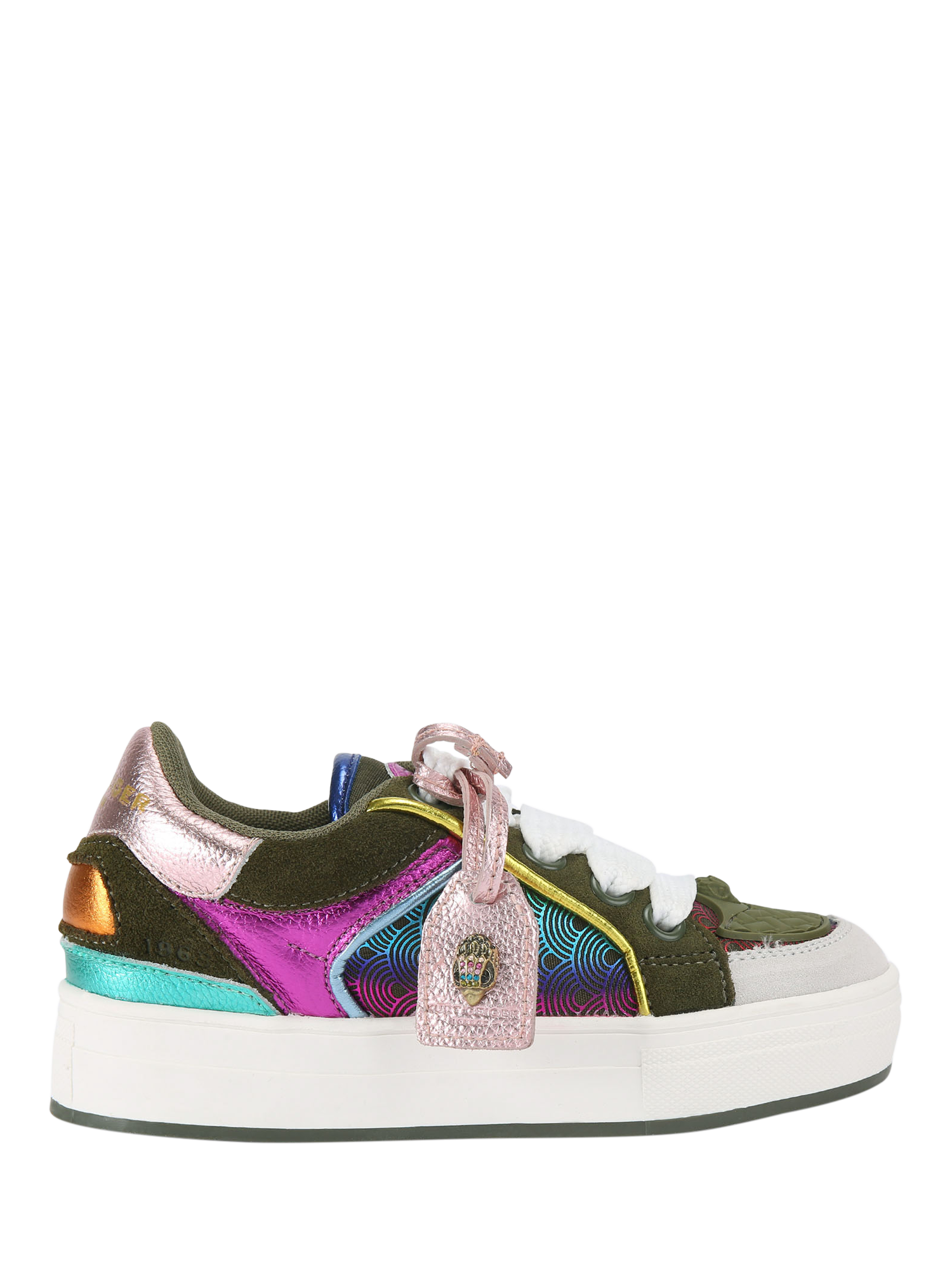 Product image 1 of 4, which shows Kurt Geiger London Kids' Mini Southbank Leather Trainers, Green Khaki, 1